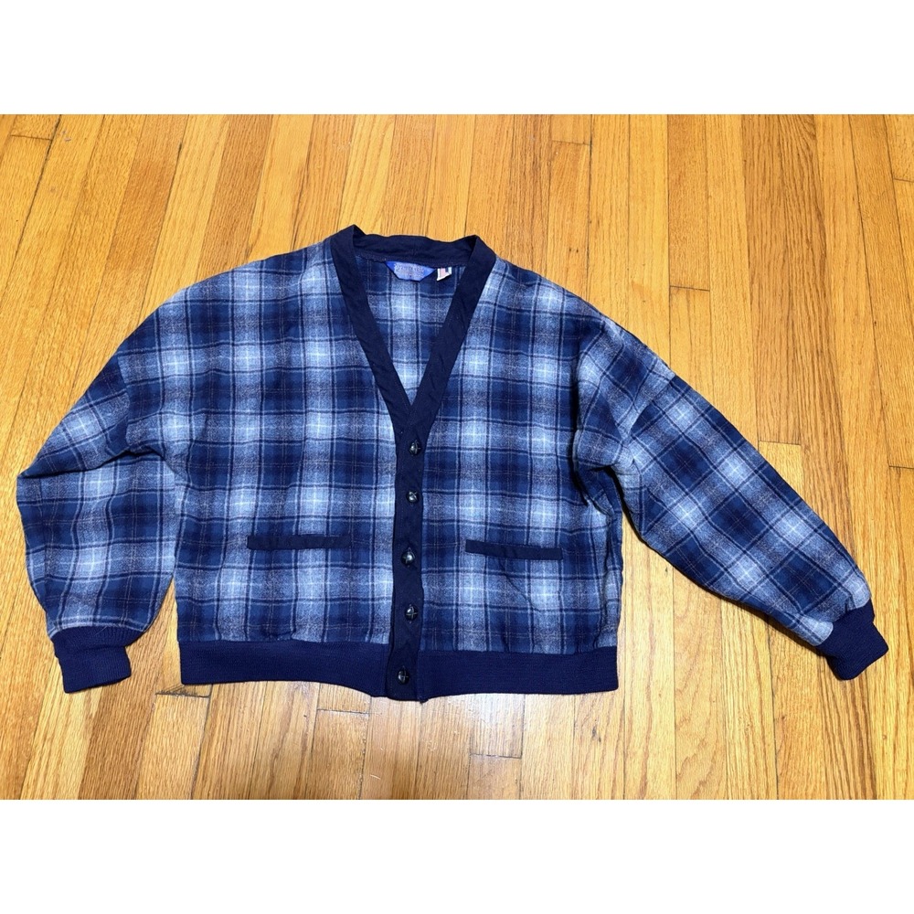 Vintage Pendleton Sweater Women XL Blue Plaid 100% Wool Grandpa Cardigan USA